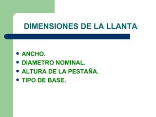 DIMENSIONES DE LA LLANTA


   ANCHO.
   DIAMETRO NOMINAL.
   ALTURA DE LA PESTAÑA.
   TIPO DE BASE.
 