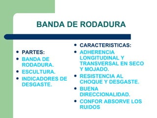 BANDA DE RODADURA

                        CARACTERISTICAS:
   PARTES:             ADHERENCIA
   BANDA DE             LONGITUDINAL Y
    RODADURA.            TRANSVERSAL EN SECO
                         Y MOJADO.
   ESCULTURA.
                        RESISTENCIA AL
   INDICADORES DE
                         CHOQUE Y DESGASTE.
    DESGASTE.
                        BUENA
                         DIRECCIONALIDAD.
                        CONFOR ABSORVE LOS
                         RUIDOS
 