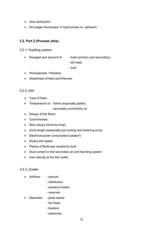 32
Size distribution
Hot stage microscope liquid phase vs. adhesion
3.2. Part 2 (Process data)
3.2.1. Feeding system
Dosages and amount of: - fuels (primary and secondary)
- kiln feed
- dust
Homogeneity / fineness
Steadiness of feed and fineness
3.2.2. Kiln
Type of fuels
Temperature of: - flame (especially peaks)
- secondary and tertiary air
Design of the flame
Coal fineness
NOx-values (Over-burning)
Zone length (especially pre-cooling and sintering zone)
Electrical power consumption (peaks?)
Rotary kiln speed
Places of Build-ups caused by dust
Dust content in the secondary air and handling system
Gas velocity at the kiln outlet
3.2.3. Cooler
Airflows: - amount
- distribution
- pressure losses
- reserves
Operation: - grate speed
- fan flows
- blasters
- pressures
 