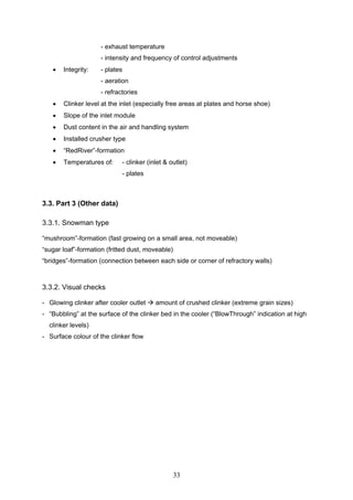 33
- exhaust temperature
- intensity and frequency of control adjustments
Integrity: - plates
- aeration
- refractories
Clinker level at the inlet (especially free areas at plates and horse shoe)
Slope of the inlet module
Dust content in the air and handling system
Installed crusher type
“RedRiver”-formation
Temperatures of: - clinker (inlet & outlet)
- plates
3.3. Part 3 (Other data)
3.3.1. Snowman type
“mushroom”-formation (fast growing on a small area, not moveable)
“sugar loaf”-formation (fritted dust, moveable)
“bridges”-formation (connection between each side or corner of refractory walls)
3.3.2. Visual checks
- Glowing clinker after cooler outlet amount of crushed clinker (extreme grain sizes)
- “Bubbling” at the surface of the clinker bed in the cooler (“BlowThrough” indication at high
clinker levels)
- Surface colour of the clinker flow
 