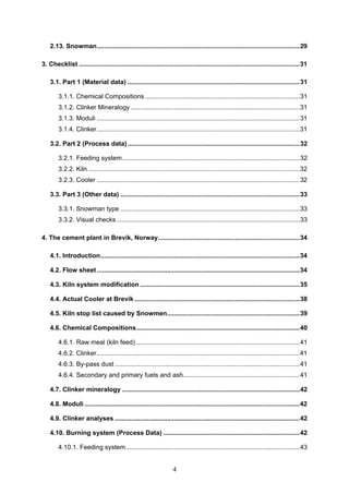 4
2.13. Snowman.................................................................................................................29
3. Checklist ...........................................................................................................................31
3.1. Part 1 (Material data) ................................................................................................31
3.1.1. Chemical Compositions ......................................................................................31
3.1.2. Clinker Mineralogy ..............................................................................................31
3.1.3. Moduli .................................................................................................................31
3.1.4. Clinker.................................................................................................................31
3.2. Part 2 (Process data)................................................................................................32
3.2.1. Feeding system...................................................................................................32
3.2.2. Kiln ......................................................................................................................32
3.2.3. Cooler .................................................................................................................32
3.3. Part 3 (Other data) ....................................................................................................33
3.3.1. Snowman type ....................................................................................................33
3.3.2. Visual checks ......................................................................................................33
4. The cement plant in Brevik, Norway...............................................................................34
4.1. Introduction...............................................................................................................34
4.2. Flow sheet .................................................................................................................34
4.3. Kiln system modification .........................................................................................35
4.4. Actual Cooler at Brevik ............................................................................................38
4.5. Kiln stop list caused by Snowmen..........................................................................39
4.6. Chemical Compositions...........................................................................................40
4.6.1. Raw meal (kiln feed) ...........................................................................................41
4.6.2. Clinker.................................................................................................................41
4.6.3. By-pass dust .......................................................................................................41
4.6.4. Secondary and primary fuels and ash.................................................................41
4.7. Clinker mineralogy ...................................................................................................42
4.8. Moduli ........................................................................................................................42
4.9. Clinker analyses .......................................................................................................42
4.10. Burning system (Process Data) ............................................................................42
4.10.1. Feeding system.................................................................................................43
 