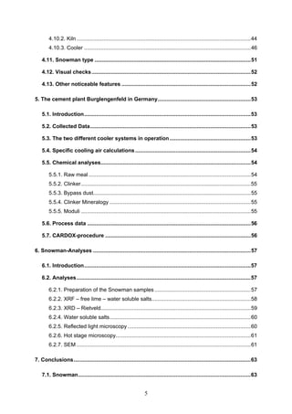 5
4.10.2. Kiln ....................................................................................................................44
4.10.3. Cooler ...............................................................................................................46
4.11. Snowman type ........................................................................................................51
4.12. Visual checks..........................................................................................................52
4.13. Other noticeable features ......................................................................................52
5. The cement plant Burglengenfeld in Germany..............................................................53
5.1. Introduction...............................................................................................................53
5.2. Collected Data...........................................................................................................53
5.3. The two different cooler systems in operation......................................................53
5.4. Specific cooling air calculations.............................................................................54
5.5. Chemical analyses....................................................................................................54
5.5.1. Raw meal ............................................................................................................54
5.5.2. Clinker.................................................................................................................55
5.5.3. Bypass dust.........................................................................................................55
5.5.4. Clinker Mineralogy ..............................................................................................55
5.5.5. Moduli .................................................................................................................55
5.6. Process data .............................................................................................................56
5.7. CARDOX-procedure .................................................................................................56
6. Snowman-Analyses .........................................................................................................57
6.1. Introduction...............................................................................................................57
6.2. Analyses....................................................................................................................57
6.2.1. Preparation of the Snowman samples ................................................................57
6.2.2. XRF – free lime – water soluble salts..................................................................58
6.2.3. XRD – Rietveld....................................................................................................59
6.2.4. Water soluble salts..............................................................................................60
6.2.5. Reflected light microscopy ..................................................................................60
6.2.6. Hot stage microscopy..........................................................................................61
6.2.7. SEM ....................................................................................................................61
7. Conclusions......................................................................................................................63
7.1. Snowman...................................................................................................................63
 
