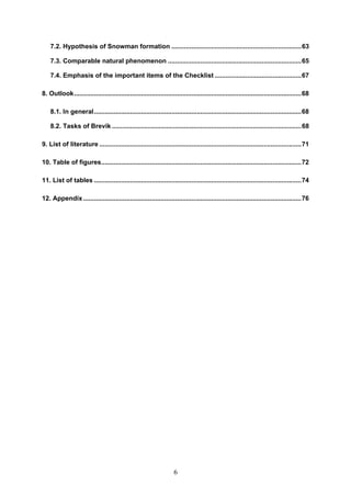 6
7.2. Hypothesis of Snowman formation ........................................................................63
7.3. Comparable natural phenomenon ..........................................................................65
7.4. Emphasis of the important items of the Checklist ................................................67
8. Outlook..............................................................................................................................68
8.1. In general...................................................................................................................68
8.2. Tasks of Brevik .........................................................................................................68
9. List of literature ................................................................................................................71
10. Table of figures...............................................................................................................72
11. List of tables ...................................................................................................................74
12. Appendix.........................................................................................................................76
 
