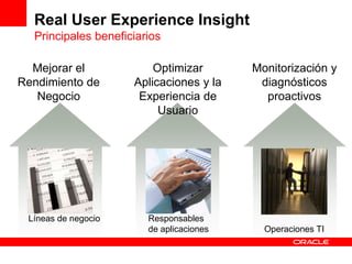 Real User Experience Insight
  Principales beneficiarios

  Mejorar el             Optimizar        Monitorización y
Rendimiento de       Aplicaciones y la     diagnósticos
   Negocio            Experiencia de        proactivos
                          Usuario




 Líneas de negocio      Responsables
                        de aplicaciones     Operaciones TI
 