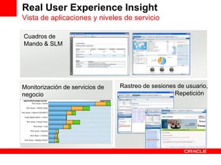 Real User Experience Insight
Vista de aplicaciones y niveles de servicio

Cuadros de
Mando & SLM




Monitorización de servicios de   Rastreo de sesiones de usuario,
negocio                                             Repetición
 