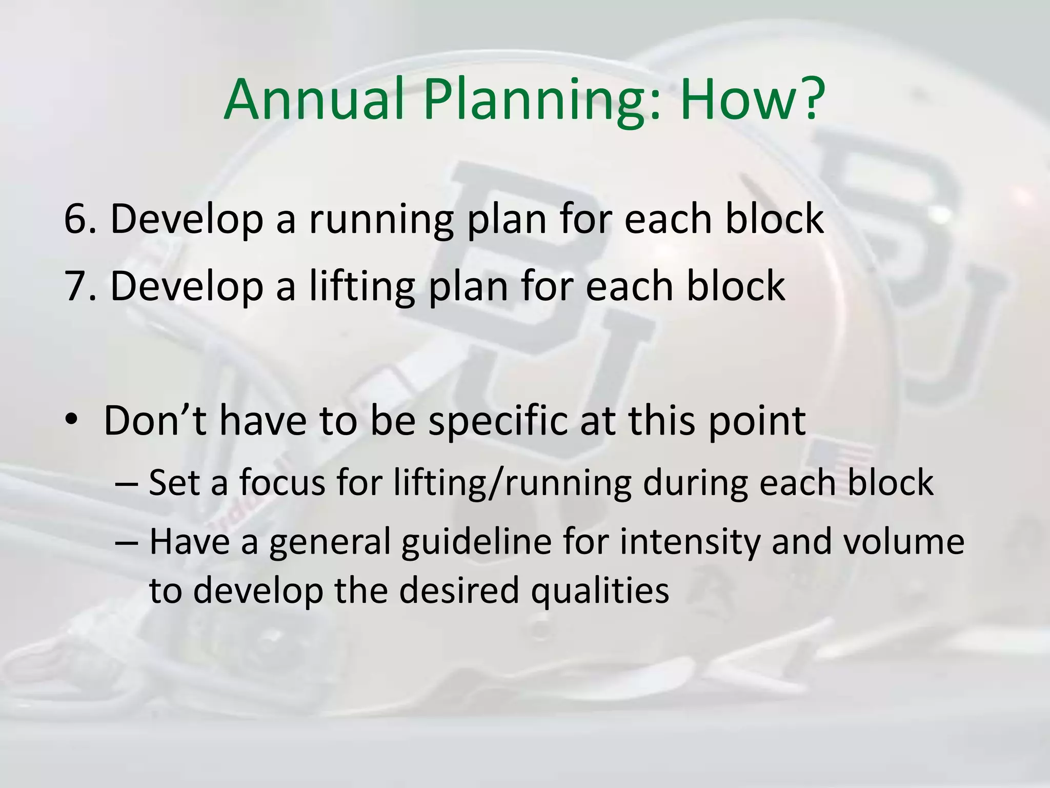 Annual Planning: How?6. Develop a running plan for each block7. Develop a lifting plan for each blockDon’t have to be specific at this pointSet a focus for lifting/running during each blockHave a general guideline for intensity and volume to develop the desired qualities
