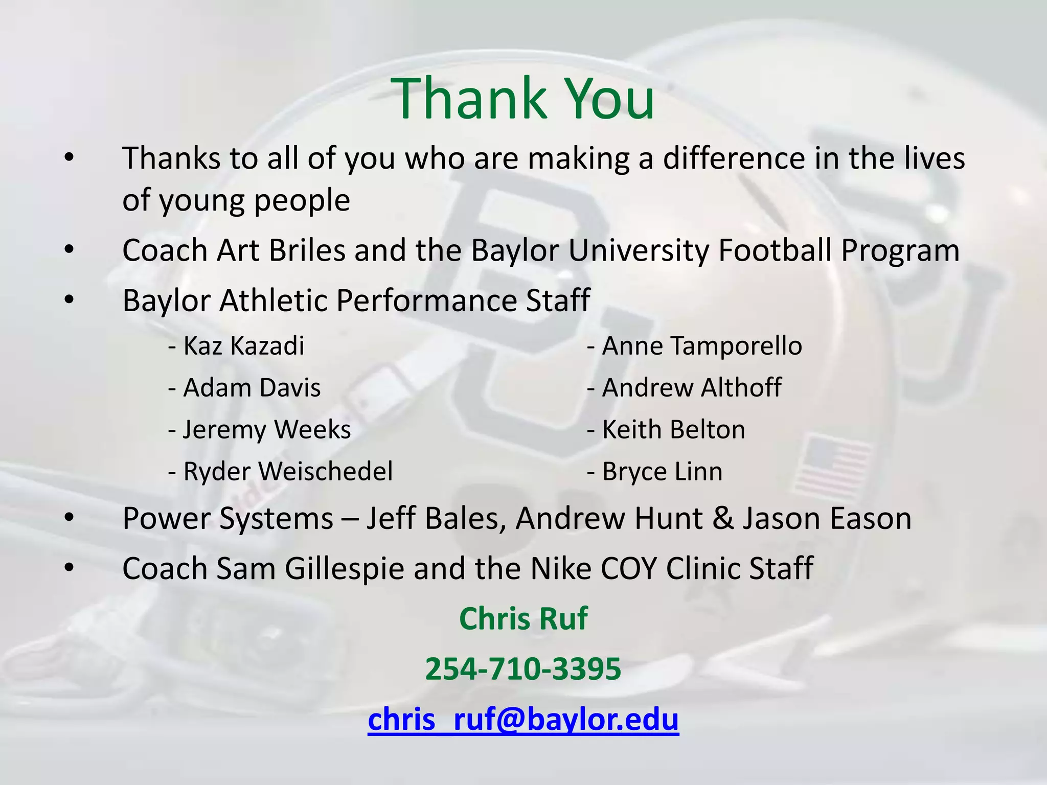 References/Recommended Readings“The Coach’s Strength Training Playbook” – Joe Kenn“Vermeil’s Sports and Fitness Training System for Enhancing Athletic Performance” – Al Vermeil, Erik Helland & Mike Gattone“The Charlie Francis Training System” – Charlie FrancisCoaches I have had the privilege to work under and learn fromKaz KazadiMatt McGettiganRon McKeeferyRich Lansky  