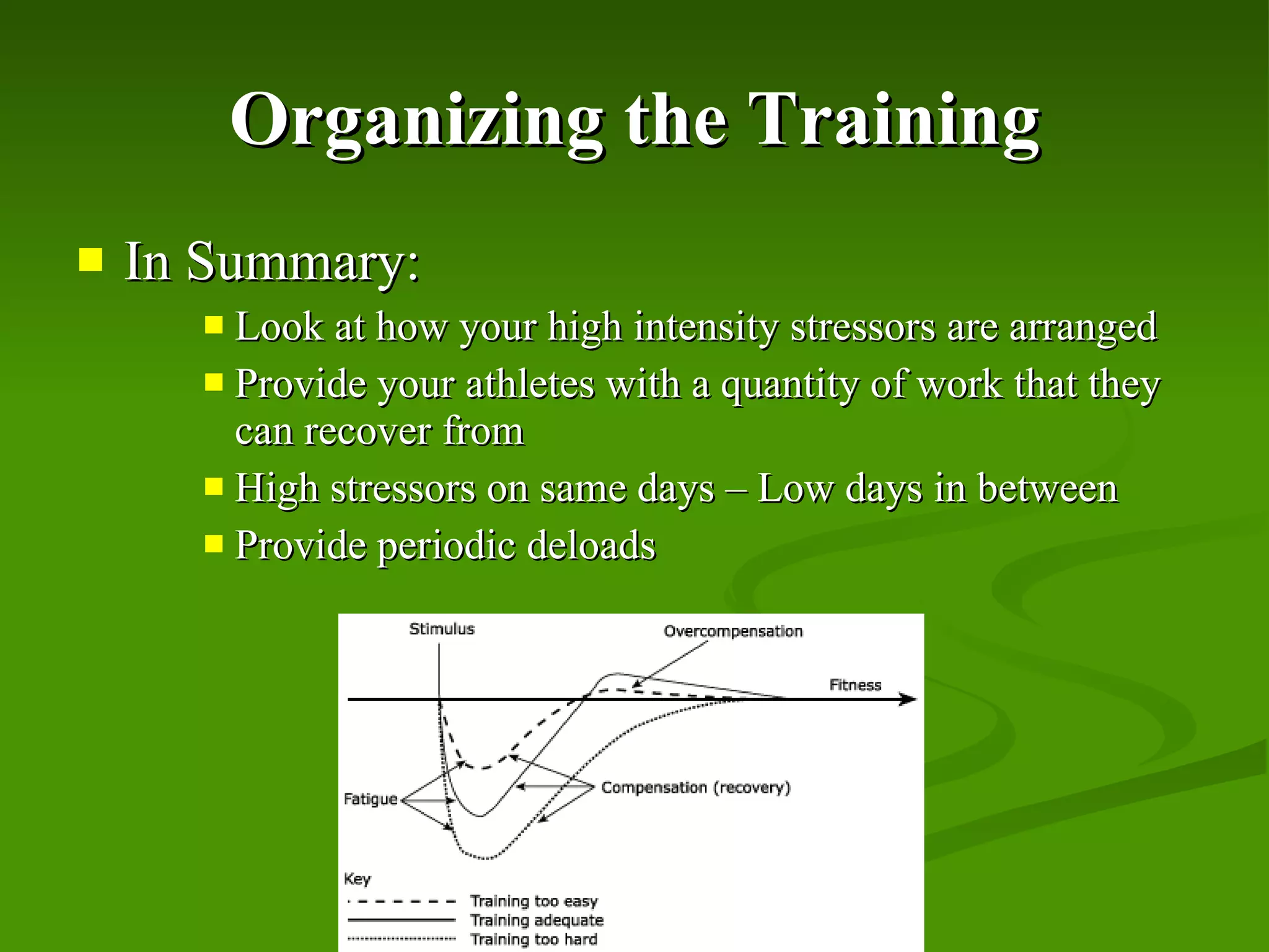Organizing the Training In Summary: Look at how your high intensity stressors are arranged Provide your athletes with a quantity of work that they can recover from High stressors on same days – Low days in between Provide periodic deloads 