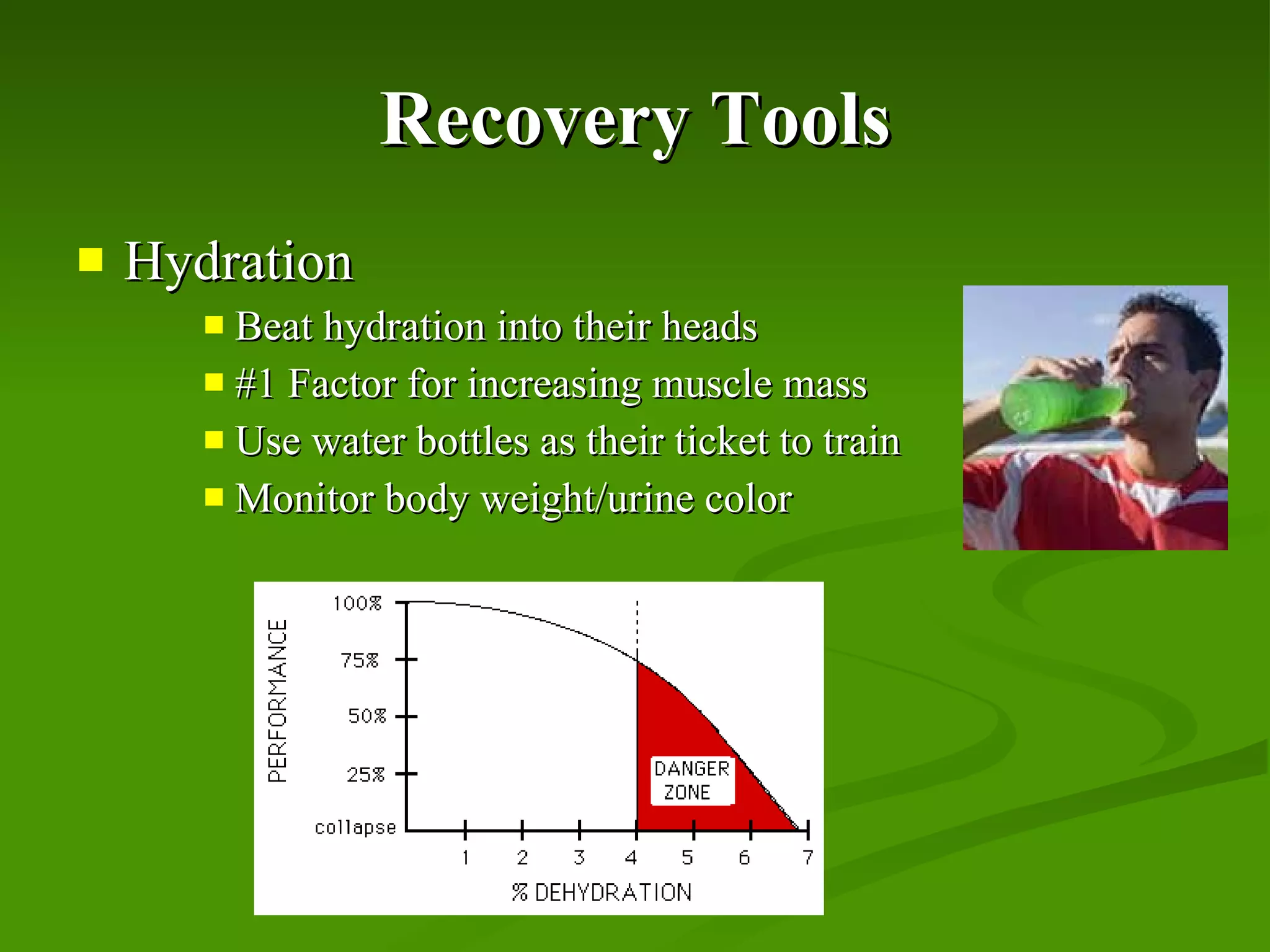 Recovery Tools Hydration Beat hydration into their heads #1 Factor for increasing muscle mass Use water bottles as their ticket to train Monitor body weight/urine color 