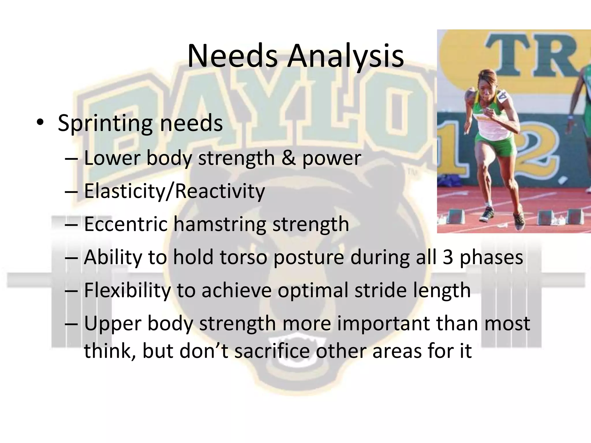 Needs AnalysisSprinting needsLower body strength & powerElasticity/ReactivityEccentric hamstring strengthAbility to hold torso posture during all 3 phasesFlexibility to achieve optimal stride lengthUpper body strength more important than most think, but don’t sacrifice other areas for it
