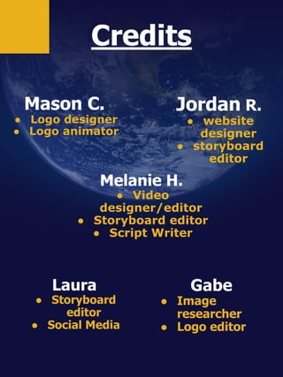 Credits
Jordan R.
● website
designer
● storyboard
editor
Melanie H.
● Video
designer/editor
● Storyboard editor
● Script Writer
Laura
● Storyboard
editor
● Social Media
Gabe
● Image
researcher
● Logo editor
Mason C.
● Logo designer
● Logo animator
 