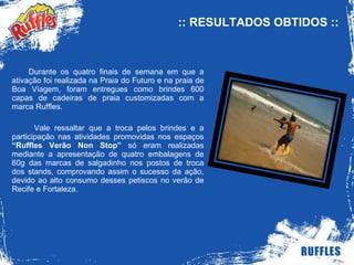 :: RESULTADOS OBTIDOS :: Durante os quatro finais de semana em que a ativação foi realizada na Praia do Futuro e na praia de Boa Viagem, foram entregues como brindes 600 capas de cadeiras de praia customizadas com a marca Ruffles. Vale ressaltar que a troca pelos brindes e a participação nas atividades promovidas nos espaços  “Ruffles Verão Non Stop”  só eram realizadas mediante a apresentação de quatro embalagens de 60g das marcas de salgadinho nos postos de troca dos stands, comprovando assim o sucesso da ação, devido ao alto consumo desses petiscos no verão de Recife e Fortaleza. 