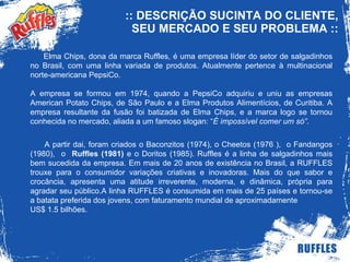 :: DESCRIÇÃO SUCINTA DO CLIENTE, SEU MERCADO E SEU PROBLEMA :: Elma Chips, dona da marca Ruffles, é uma empresa líder do setor de salgadinhos no Brasil, com uma linha variada de produtos. Atualmente pertence à multinacional norte-americana PepsiCo. A empresa se formou em 1974, quando a PepsiCo adquiriu e uniu as empresas American Potato Chips, de São Paulo e a Elma Produtos Alimentícios, de Curitiba. A empresa resultante da fusão foi batizada de Elma Chips, e a marca logo se tornou conhecida no mercado, aliada a um famoso slogan: “ É impossível comer um só” .  A partir dai, foram criados o Baconzitos (1974), o Cheetos (1976 ),  o Fandangos (1980),  o  Ruffles (1981)  e o Doritos (1985). Ruffles é a linha de salgadinhos mais bem sucedida da empresa. Em mais de 20 anos de existência no Brasil, a RUFFLES trouxe para o consumidor variações criativas e inovadoras. Mais do que sabor e crocância, apresenta uma atitude irreverente, moderna, e dinâmica, própria para agradar seu público.A linha RUFFLES é consumida em mais de 25 países e tornou-se a batata preferida dos jovens, com faturamento mundial de aproximadamente  US$ 1.5 bilhões.  