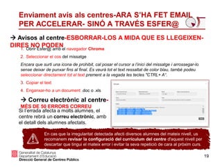 19
Enviament avís als centres-ARA S’HA FET EMAIL
PER ACCELERAR- SINÓ A TRAVÉS ESFER@
 Avisos al centre-ESBORRAR-LOS A MIDA QUE ES LLEGEIXEN-
DIRES NO PODEN1. Obrir Esfer@ amb el navegador Chrome
2. Seleccionar el cos del missatge
Encara que surti una icona de prohibit, cal posar el cursor a l’inici del missatge i arrossegar-lo
sense deixar de punxar fins al final. Es veurà tot el text ressaltat de color blau, també podeu
seleccionar directament tot el text prement a la vegada les tecles "CTRL+ A“.
3. Copiar el text
4. Enganxar-ho a un document .doc o .xls
En cas que la irregularitat detectada afecti diversos alumnes del mateix nivell, us
recomanem revisar la configuració del currículum del centre d'aquest nivell per
descartar que tingui el mateix error i evitar la seva repetició de cara al pròxim curs.
Si l’errada afecta a molts alumnes, el
centre rebrà un correu electrònic, amb
el detall dels alumnes afectats.
 Correu electrònic al centre-
MÉS DE 50 ERRORS CORREU
 