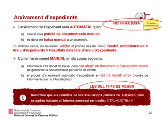 Arxivament d’expedients
 L’arxivament de l’expedient serà AUTOMÀTIC quan:
a) s’inicia una petició de documentació manual.
b) es dóna de baixa manual a un alumne/a.
En ambdós casos, és necessari validar el procés des del menú: Gestió administrativa >
Arxiu d’expedients > Resultats dels lots d'arxiu d'expedients.
 Cal fer l’arxivament MANUAL en els casos següents:
a) l’alumne/a s’ha donat de baixa, però cal afegir un document a l’expedient abans
de gestionar la documentació per canvi de centre.
b) el procés d’arxivament automàtic d’expedients en lot ha donat error (només de
l’alumne/a que no s’ha efectuat).
Recordeu que els resultats de les avaluacions parcials no s’arxiven, però
es poden incloure a l’Informe personal per trasllat. CTRL+C/CTRL+V
20
Pròxima
implementació
NO HI HA DATA
LES DEL 17-18 ES VEUEN
 