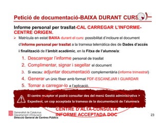 23
Informe personal per trasllat-CAL CARREGAR L’INFORME-
CENTRE ORIGEN.
Petició de documentació-BAIXA DURANT CURS
 Matrícula en estat BAIXA durant el curs: possibilitat d’incloure el document
d’Informe personal per trasllat a la tramesa telemàtica des de Dades d’accés
i finalització de l’àmbit acadèmic, en la Fitxa de l’alumne/a:
1. Descarregar l’informe personal de trasllat
2. Complimentar, signar i segellar el document
3. Si escau: adjuntar documentació complementària (informe trimestral)
4. Generar un únic fitxer amb format PDF-ESCANEJAR I GUARDAR
5. Tornar a carregar-lo a l’aplicació.
El centre receptor el podrà consultar des del menú Gestió administrativa >
Expedient, un cop acceptada la tramesa de la documentació de l’alumne/a
CENTRE D’ALTA-CONSULTA
INFORME ACCEPTADA DOC
 