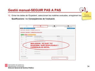34
Gestió manual-SEGUIR PAS A PAS
12. Entrar les dades de l’Expedient, seleccionant les matèries avaluades, enregistrant les
Qualificacions i les Conseqüències de l’avaluació.
Pròxima
implementació
MEDI SOCIAL: NO SURT TOT
M.NATURAL: SURT DESPLEGABLE I
CARREGA AL M. SOCIAL.
 