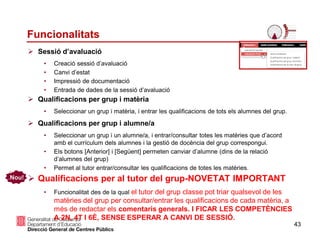 43
Funcionalitats
 Sessió d’avaluació
• Creació sessió d’avaluació
• Canvi d’estat
• Impressió de documentació
• Entrada de dades de la sessió d’avaluació
 Qualificacions per grup i matèria
• Seleccionar un grup i matèria, i entrar les qualificacions de tots els alumnes del grup.
 Qualificacions per grup i alumne/a
• Seleccionar un grup i un alumne/a, i entrar/consultar totes les matèries que d’acord
amb el currículum dels alumnes i la gestió de docència del grup correspongui.
• Els botons [Anterior] i [Següent] permeten canviar d’alumne (dins de la relació
d’alumnes del grup)
• Permet al tutor entrar/consultar les qualificacions de totes les matèries.
 Qualificacions per al tutor del grup-NOVETAT IMPORTANT
• Funcionalitat des de la qual el tutor del grup classe pot triar qualsevol de les
matèries del grup per consultar/entrar les qualificacions de cada matèria, a
més de redactar els comentaris generals. I FICAR LES COMPETÈNCIES
A 2N, 4T I 6È, SENSE ESPERAR A CANVI DE SESSIÓ.
Nou!
 