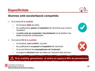 55
Alumnes amb escolarització compartida
Especificitats
 Si el centre té la custòdia:
• ha d’avaluar totes les àrees
• les qualificacions passen a l’expedient de l’alumne/a quan s’arxiva
l’expedient
• el centre amb qui comparteix l’escolarització ha de facilitar-li les
dades d’avaluació corresponents.
 Si el centre NO té la custòdia:
• ha d’avaluar, com a mínim, una àrea
• les qualificacions no passen a l’expedient de l’alumne/a
• no es pot informar les conseqüències de l’avaluació
• el programa eliminarà totes les dades de l’avaluació dels alumnes.
S’aconsella esperar a la segona setmana de maig per imprimir-loTé la custòdia, generalment, el centre on supera el 50% de permanència
 