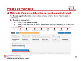 Procés de matrícula
 Matrícula d'alumnes del centre per continuïtat individual
68
1. Dades registre: Pantalla únicament de consulta amb les dades d’identificació de
l’alumne/a
2. Dades de currículum:
I. Seleccionar el Currículum
II. Seleccionar i esborrar, si escau, les matèries que no corresponguin (currículum
obert)
 