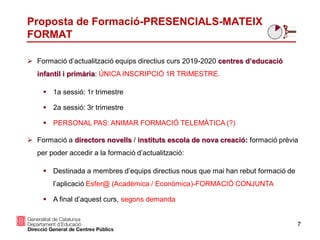 7
Proposta de Formació-PRESENCIALS-MATEIX
FORMAT
 Formació d’actualització equips directius curs 2019-2020 centres d’educació
infantil i primària: ÚNICA INSCRIPCIÓ 1R TRIMESTRE.
 1a sessió: 1r trimestre
 2a sessió: 3r trimestre
 PERSONAL PAS: ANIMAR FORMACIÓ TELEMÀTICA (?)
 Formació a directors novells / instituts escola de nova creació: formació prèvia
per poder accedir a la formació d’actualització:
 Destinada a membres d’equips directius nous que mai han rebut formació de
l’aplicació Esfer@ (Acadèmica / Econòmica)-FORMACIÓ CONJUNTA
 A final d’aquest curs, segons demanda
 