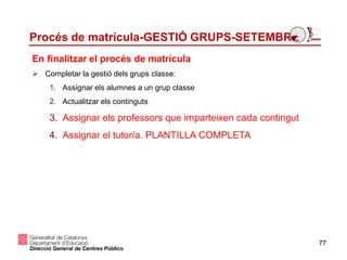 Procés de matrícula-GESTIÓ GRUPS-SETEMBRE
77
En finalitzar el procés de matrícula
 Completar la gestió dels grups classe:
1. Assignar els alumnes a un grup classe
2. Actualitzar els continguts
3. Assignar els professors que imparteixen cada contingut
4. Assignar el tutor/a. PLANTILLA COMPLETA
 