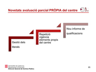 85
Novetats avaluació parcial PRÒPIA del centre
Gestió dels
literals
Repetició
vigència
elements propis
del centre
Nou informe de
qualificacions
 