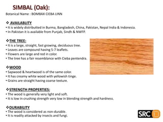 SIMBAL (Oak):
Botanical Name : BOMBAX CIEBA LINN
 AVAILABLITY
• It is widely distributted in Burma, Bangladesh, China, Pakistan, Nepal India & Indonesia.
• In Pakistan it is available from Punjab, Sindh & NWFP.
THE TREE:
• It is a large, straight, fast growing, deciduous tree.
• Leaves are compound having 5-7 leaflets.
• Flowers are large and red in color.
• The tree has a fair resemblance with Cieba pentendra.
WOOD
• Sapwood & heartwood is of the same color.
• It has creamy white wood with yellowish tinge.
• Grains are straight having coarse texture.
STRENGTH PROPERTIES:
• The wood is generally very light and soft.
• It is low in crushing strength very low in blending strength and hardness.
DURABILITY
• The wood is considered as non-durable.
• It is readily attacked by insects and fungi.
 