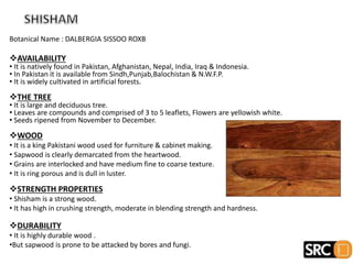 Botanical Name : DALBERGIA SISSOO ROXB
AVAILABILITY
• It is natively found in Pakistan, Afghanistan, Nepal, India, Iraq & Indonesia.
• In Pakistan it is available from Sindh,Punjab,Balochistan & N.W.F.P.
• It is widely cultivated in artificial forests.
THE TREE
• It is large and deciduous tree.
• Leaves are compounds and comprised of 3 to 5 leaflets, Flowers are yellowish white.
• Seeds ripened from November to December.
WOOD
• It is a king Pakistani wood used for furniture & cabinet making.
• Sapwood is clearly demarcated from the heartwood.
• Grains are interlocked and have medium fine to coarse texture.
• It is ring porous and is dull in luster.
STRENGTH PROPERTIES
• Shisham is a strong wood.
• It has high in crushing strength, moderate in blending strength and hardness.
DURABILITY
• It is highly durable wood .
•But sapwood is prone to be attacked by bores and fungi.
 