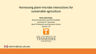 Harnessing plant-microbe interactions for
sustainable agriculture
Rufus Akinrinlola
Research Specialist and PhD Candidate
University of Tennessee
West TN Research and Education Center
Jackson, TN
rakinrin@vols.utk.edu
 