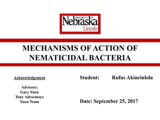 MECHANISMS OF ACTION OF
NEMATICIDAL BACTERIA
Student: Rufus Akinrinlola
Date: September 25, 2017
Acknowledgement
Advisors;
Gary Yuen
Tony Adesemoye
Yuen Team
 