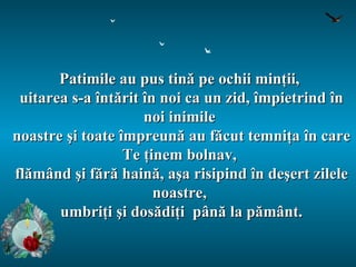 Patimile au pus tină pe ochii minţii,  uitarea s-a întărit în noi ca un zid, împietrind în noi inimile  noastre şi toate împreună au făcut temniţa în care Te ţinem bolnav,  flămând şi fără haină, aşa risipind în deşert zilele noastre,  umbriţi şi dosădiţi  până la pământ. 