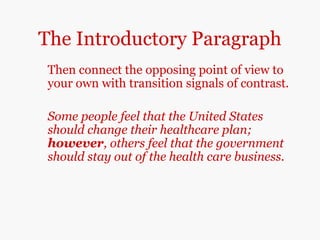The Introductory Paragraph
Then connect the opposing point of view to
your own with transition signals of contrast.
Some people feel that the United States
should change their healthcare plan;
however, others feel that the government
should stay out of the health care business.
 