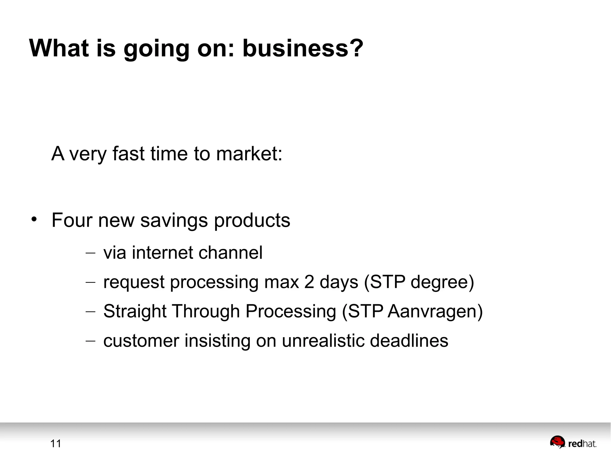 11
What is going on: business?
A very fast time to market:
• Four new savings products
– via internet channel
– request processing max 2 days (STP degree)
– Straight Through Processing (STP Aanvragen)
– customer insisting on unrealistic deadlines
 