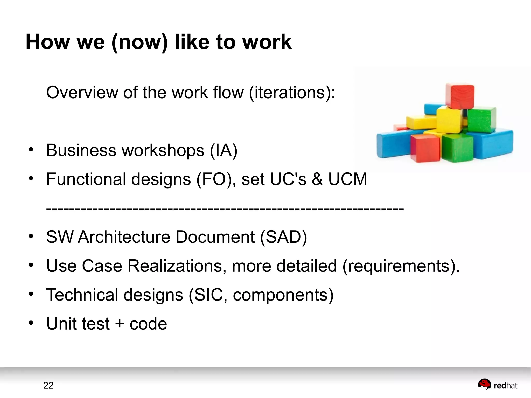 22
How we (now) like to work
Overview of the work flow (iterations):
• Business workshops (IA)
• Functional designs (FO), set UC's & UCM
--------------------------------------------------------------
• SW Architecture Document (SAD)
• Use Case Realizations, more detailed (requirements).
• Technical designs (SIC, components)
• Unit test + code
 