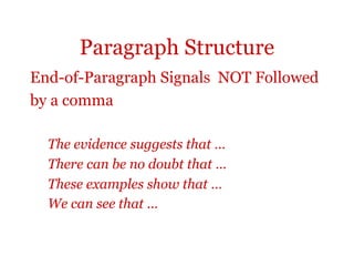 Paragraph Structure
End-of-Paragraph Signals NOT Followed
by a comma

  The evidence suggests that …
  There can be no doubt that …
  These examples show that …
  We can see that …
 