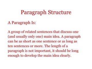 Paragraph Structure
A Paragraph Is:

A group of related sentences that discuss one
(and usually only one) main idea. A paragraph
can be as short as one sentence or as long as
ten sentences or more. The length of a
paragraph is not important, it should be long
enough to develop the main idea clearly.
 