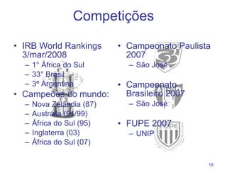 Competições IRB  World Rankings  3/mar/2008 1° África do Sul 33° Brasil 3ª Argentina Campeões do mundo: Nova Zelândia (87) Austrália (91/99) África do Sul (95) Inglaterra (03) África do Sul (07) Campeonato Paulista 2007 São José Campeonato Brasileiro 2007 São José FUPE 2007 UNIP 