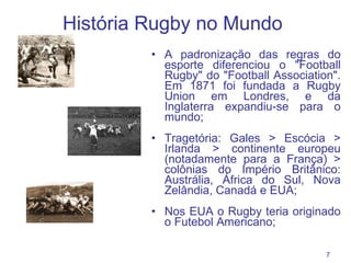História Rugby no Mundo A padronização das regras do esporte diferenciou o "Football Rugby" do "Football Association". Em 1871 foi fundada a Rugby Union em Londres, e da Inglaterra expandiu-se para o mundo; Tragetória: Gales > Escócia > Irlanda > continente europeu (notadamente para a França) > colônias do Império Britânico: Austrália, África do Sul, Nova Zelândia, Canadá e EUA; Nos EUA o Rugby teria originado o Futebol Americano; 