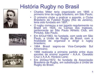 História Rugby no Brasil Charles Miller teria organizado em 1895 o primeiro time de rugby brasileiro, em São Paulo; O primeiro clube a praticar o esporte, o Clube Brasileiro de Futebol Rugby (Rio de Janeiro), teria sido fundado em 1891; O rugby começou a ser jogado regularmente no Brasil em 1925, no Campo dos Ingleses, pertencente ao São Paulo Athletic Club, em Pirituba, São Paulo. Em 6/Out/1963, foi fundada, com sede em São Paulo, a União de Rugby do Brasil, com a finalidade de organizar e dirigir o rugby brasileiro; 1964 Brasil sagrou-se Vice-Campeão Sul Americano; 1966 realizada a primeira partida entre duas escolas de ensino superior - A.A.A. Oswaldo Cruz x A.A.A. Horácio Lane; Em 20/Dez/1972, foi fundada da Associação Brasileira de Rugby, em substituição à União de Rugby do Brasil. 