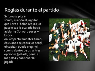 Reglas durante el partido
Scrum: se pita el
scrum, cuando al jugador
que lleva el balón realiza un
pase o cae la ovalada hacia
adelante (forward pases y
knock
on, respectivamente), tambi
én cuando se cobra un penal
el capitán puede elegir el
scrum, dentro de otras tres
opciones (patada, penal a
los palos y continuar la
jugada)
 