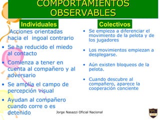 COMPORTAMIENTOS OBSERVABLES Acciones orientadas hacia el  ingoal contrario Se ha reducido el miedo al contacto Comienza a tener en cuenta al compañero y al adversario Se amplía el campo de percepción visual Ayudan al compañero cuando corre o es detenido Se empieza a diferenciar el movimiento de la pelota y de los jugadores Los movimientos empiezan a desplegarse. Aún existen bloqueos de la pelota. Cuando descubre al compañero, aparece la cooperación conciente Individuales Colectivos 