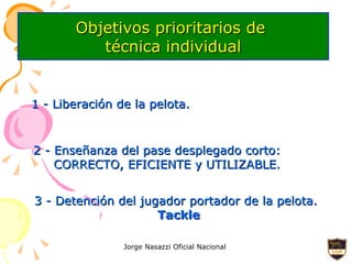 Objetivos prioritarios de  técnica individual 3 - Detención del jugador portador de la pelota. Tackle 1 - Liberación de la pelota. 2 - Enseñanza del pase desplegado corto:  CORRECTO, EFICIENTE y UTILIZABLE. 