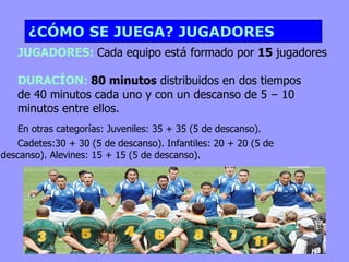 ¿CÓMO SE JUEGA? JUGADORES JUGADORES:   Cada equipo est á  formado por  15  jugadores DURAC Í ON:   80 minutos  distribuidos en dos tiempos  de 40 minutos cada uno y con un descanso de 5  –  10  minutos entre ellos. En otras categor í as: Juveniles: 35 + 35 (5 de descanso). Cadetes:30 + 30 (5 de descanso). Infantiles: 20 + 20 (5 de  descanso). Alevines: 15 + 15 (5 de descanso).  