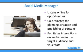 Social Media Manager
            Listens online for
             opportunities
            Co-ordinates the
             planning, creation and
             publishing of content
            Facilitates interactions
             online between the
             target audience and
             your staff
 