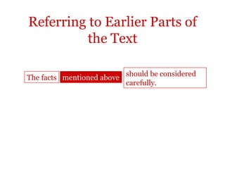 Referring to Earlier Parts of
          the Text

The facts mentioned above should be considered
                          carefully.
 