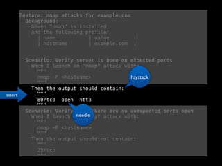 Feature: nmap attacks for example.com
Background:
Given "nmap" is installed
And the following profile:
| name | value |
| hostname | example.com |
Scenario: Verify server is open on expected ports
When I launch an "nmap" attack with:
"""
nmap -F <hostname>
"""
Then the output should contain:
"""
80/tcp open http
"""
Scenario: Verify that there are no unexpected ports open
When I launch an "nmap" attack with:
"""
nmap -F <hostname>
"""
Then the output should not contain:
"""
25/tcp
"""
assert
needle
haystack
 