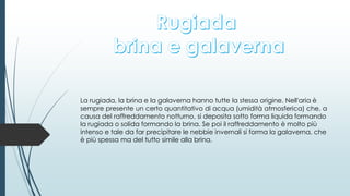 La rugiada, la brina e la galaverna hanno tutte la stessa origine. Nell'aria è
sempre presente un certo quantitativo di acqua (umidità atmosferica) che, a
causa del raffreddamento notturno, si deposita sotto forma liquida formando
la rugiada o solida formando la brina. Se poi il raffreddamento è molto più
intenso e tale da far precipitare le nebbie invernali si forma la galaverna, che
è più spessa ma del tutto simile alla brina.
 