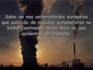Sabe-se nas universidades européias
que poluição de veículos automotores no
  Velho Continente mata mais do que
         acidentes de trânsito.
 