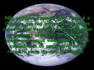 Não podemos esquecer que Jesus é o
 Caminho que nos induz aos iluminados
conceitos da Verdade, onde recebemos
 as gloriosas sementes da sabedoria,
 preparando nossa vida social para as
   culminâncias do amor universal no
  respeito pleno da vida do Planeta.
 